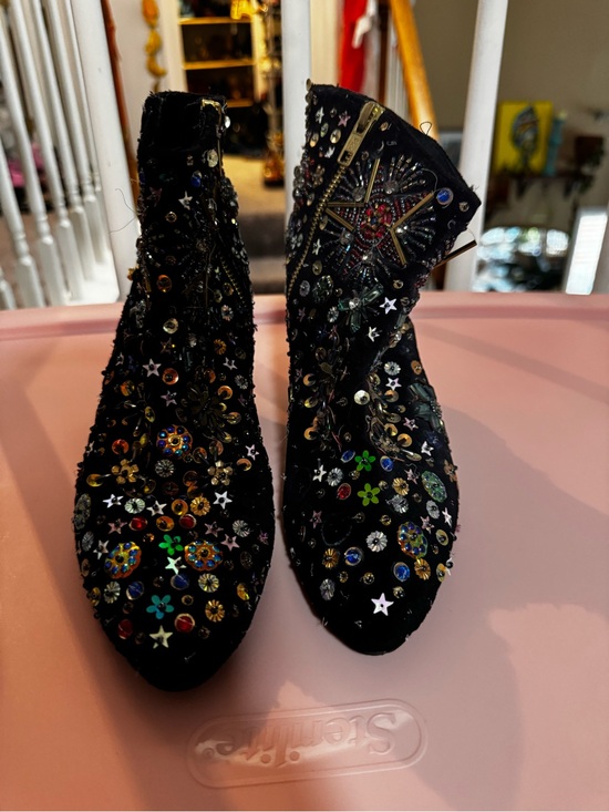 Free People Shoes - Free People Black Embellished Velvet Ankle Boots with Multicolor Gems